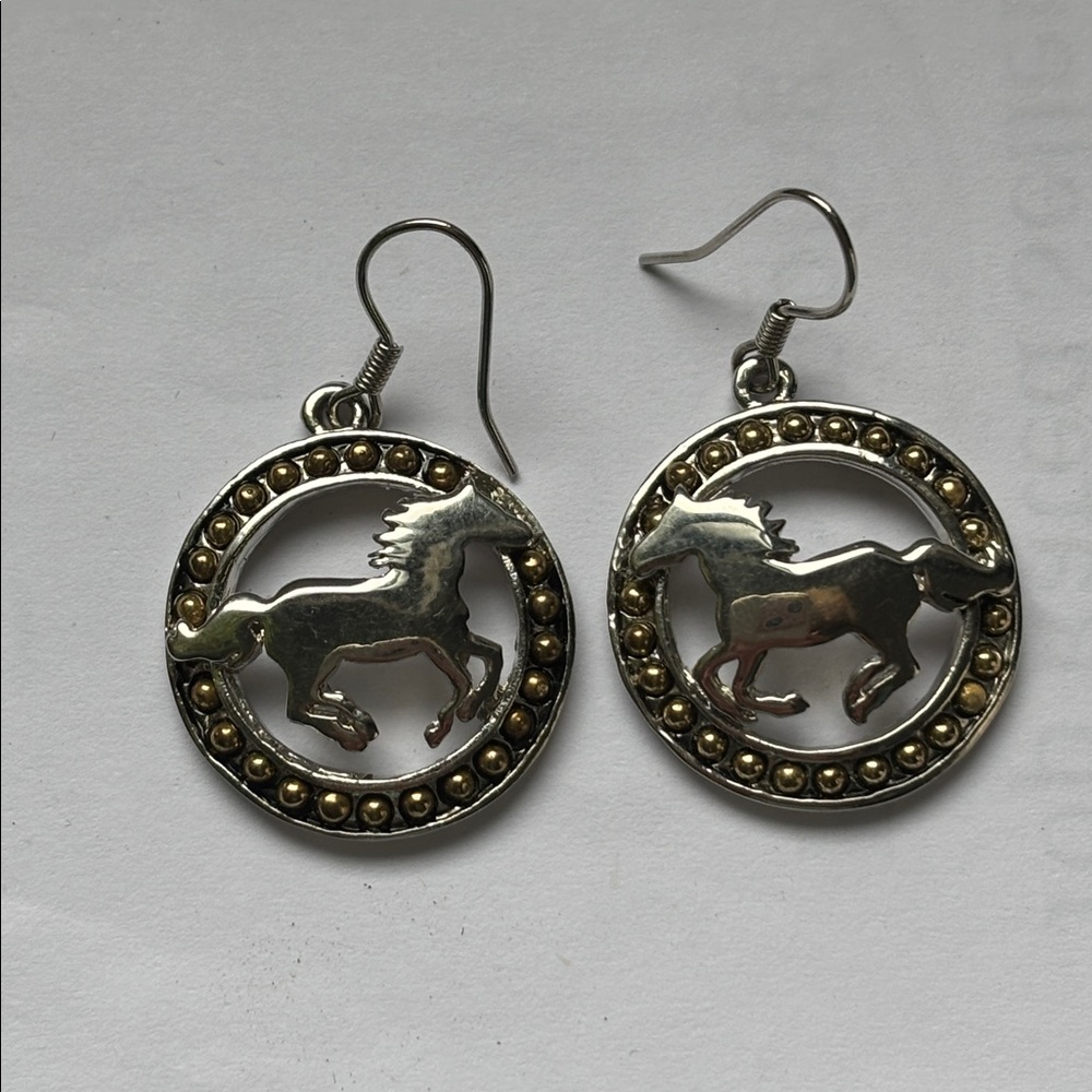 🟨Brand New Horse Earrings Round Drop Silver Tone